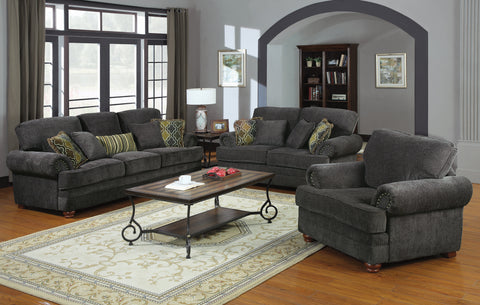 Set of 3 - Colton Rolled Arm Upholstered Sofa + Loveseat + Chair Smokey Grey - D300-10028