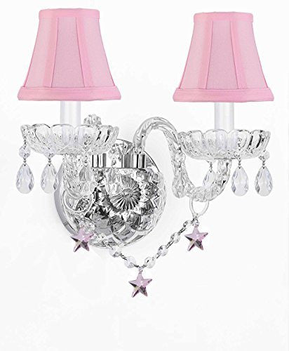 Wall Sconce Lighting With Crystal Pink Stars - Perfect For Kids And Girls Bedrooms With Shades - G46-Sc/B38/2/386