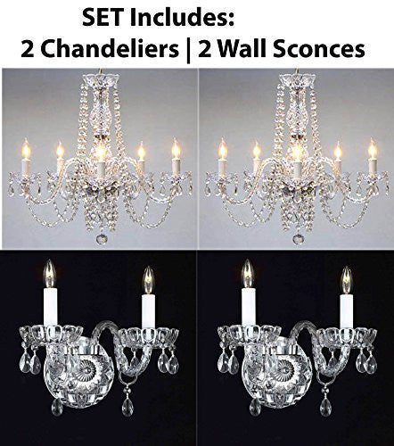 Four Piece Lighting Set - New Authentic All Crystal Murano Venetian Style Crystal 2 Chandeliers And 2 Wall Sconces - 2Ea 384/5 + 2Ea 2/386