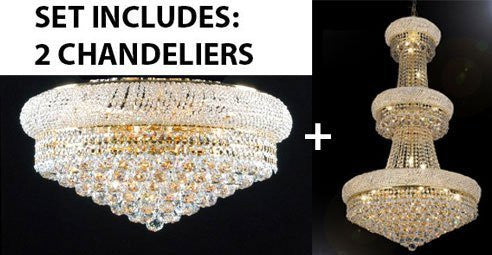 Set Of 2 - French Empire Crystal Chandelier H50" X W30" - Perfect For An Entryway Or Foyer + Flush Empire Crystal Chandelier Lighting 15X24 - 1Ea-A93-541/24+1Ea-F93-Flush/542/15