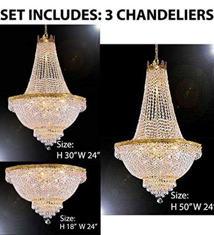 Set of 3-1 French Empire Crystal Chandelier Lighting H50 X W24 & 1 French Empire Crystal Chandelier Lighting H30 X W24 & 1 French Empire Crystal Semi Flush Chandelier Chandeliers Lighting H18 X W24 - 1EA C7/CG/870/9+1EA 870/9+1EAFLUSH/870/9
