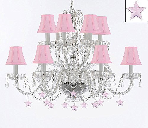 Murano Venetian Style All Empress Crystal (Tm) Chandelier With Stars And Shades - A46-B38/Sc/Pinkshades/385/6+6