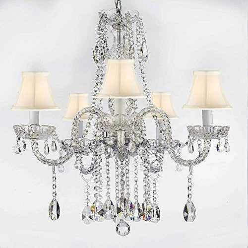 Authentic All Crystal Chandeliers Lighting Empress Crystal (Tm) Chandeliers With White Shades H27" X W24" - G46-Whiteshades/B14/384/5
