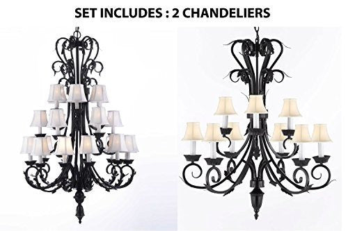 Set Of 2 - 1-Large Foyer Entryway Wrought Iron Chandelier H50" X W30" W/ White Shades And Wrought Iron Chandelier Lighting With White Shades H 30" W 26" 9 Lights - 1Ea-Sc/724/24+1Ea-Sc/724/6+3-Whtshd-B