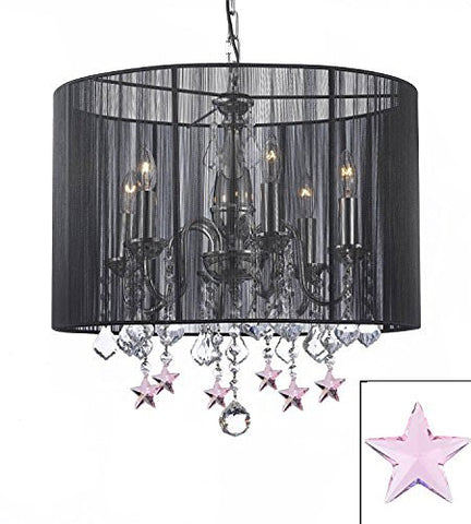 Crystal Chandelier With Large Black Shade And Pink Crystal Stars H19.5" X W18.5" - J10-B38/1124/6
