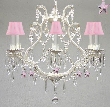 Wrought Iron & Crystal Chandelier Authentic Empress Crystal(Tm) Chandelier With Pink Stars Nursery Kids Girls Bedrooms Kitchen Etc. With Pink Shades - A83-Pinkshades/White/B38/3530/6