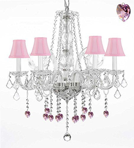 Crystal Chandelier Lighting With Pink Crystal Hearts And Pink Shades H25" X W24" - G46-Pinkshades/B21/385/5