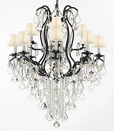 Wrought Iron Empress Crystal (Tm) Chandelier Lighting H40" X W28" With White Shades - F83-Sc/Whiteshades/B12/3034/8+4