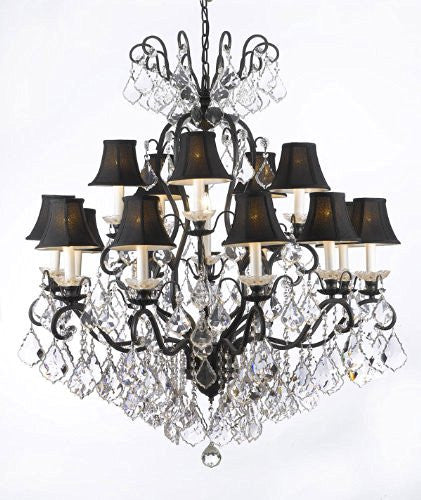 Wrought Iron Crystal Chandelier Lighting With Black Shades W38" H44" - F83-Blackshades/556/16