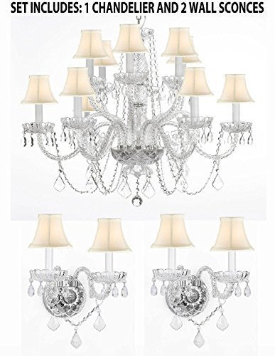 Three Piece Lighting Set - Crystal Chandelier H27" X W32" And 2 Wall Sconces With White Shades - 1Ea Whtshd/385/6+6 +2Ea Whtshd/B12/2/386